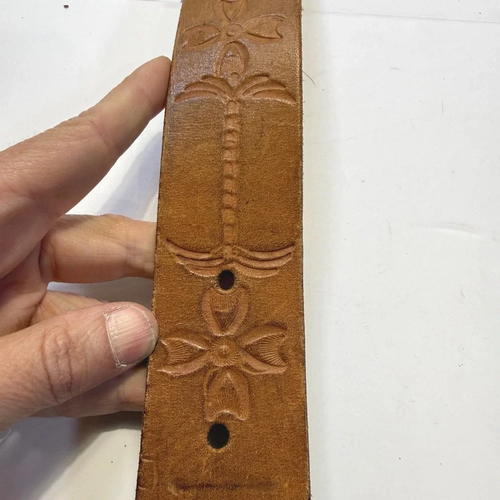 Vintage Tooled Leather Belt Strap Brown Floral Palm Tree Snap On 1.75 Inch Sz